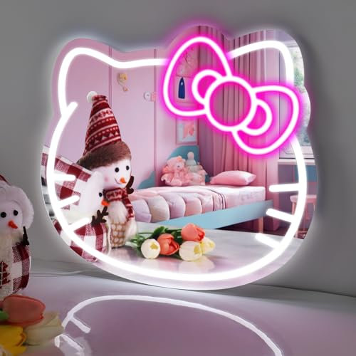 YASIZESOU Hello Kit Miroir cosmétique avec lumière néon - 40,6 x 35,6 cm - Grande taille - Luminosité réglable LED - Alimentation USB - Nœud rose - Décoration de chambre de fille - Montage mural