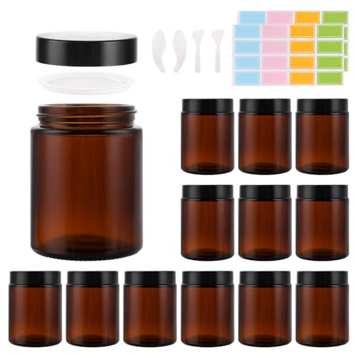 GBACHOOSE 12 Stück Braune Glasbehälter 240ml, Cremedosen zum Befüllen, Braunglas für DIY-Kosmetik Lagerung Gesichtscreme Lotionen Ätherische Öle, Inklusive Etikett