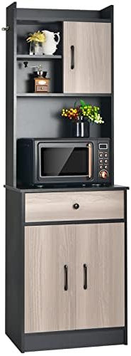 FANTASK Küchenschrank, Buffetschrank mit Schublade, verstellbare Einlegeböden und Kabelloch, großes offenes Raum für Mikrowelle, Schwarz