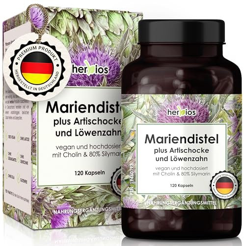 HERBIOS Leber Komplex hochdosiert - 120 Leber-Kur Kapseln für 4 Monate - mit Mariendistel (50:1 Extrakt) Artischocke Löwenzahn Cholin Cynarin & 200 mg Silymarin (80%) – vegan & ohne Zusatzstoffe