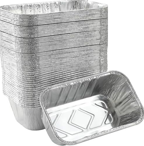 HAYCH 50 Large Aluminium Disposable Reusable Foil Food Container with Lids, Great For Baking Dispose or Re-use - (20 x 11.5 x 5.5cm (Medium))