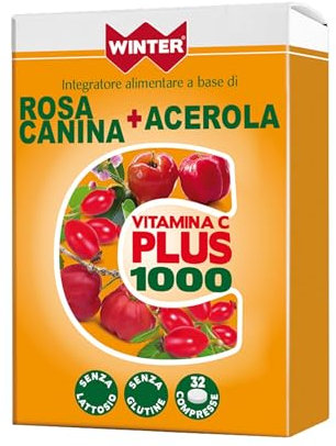 Vitamina C Plus 1000 Winter | Compresse Masticabili con Rosa Canina, Acerola | Alto Dosaggio Vitamina C 1000mg Ascorbato di Sodio | Difese Immunitarie Adulti e Bambini | Acido Ascorbico 32 Compresse