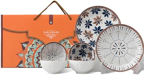 AmiCera Service de table - Assiettes et bols - Motif géométrique symétrique - Service de table - Service de table - 20 cm - Assiettes plates pour 2 et bols à céréales de 300 ml pour 4 personnes