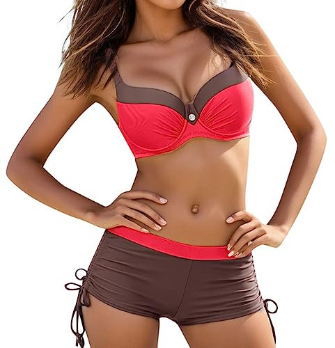 Maillot de Bain Femme 2 Pieces Shorty Sport Maillots Deux pièces Natation Bretelles Spaghetti réglable Ensemble Tankini Gainant Taille Basse Push up Bikini Set à Bordures Contrastantes (Red, M)