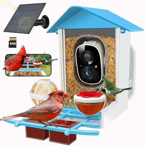 64GB Smart Bird Feeder with Camera Solar Powered, AI Identify 10K+ Bird Aves, 2K 3MP HD Live Video &Playback on Phone, 2.4G WiFi Birdhouse Camera Wireless Outdoor-Watching House