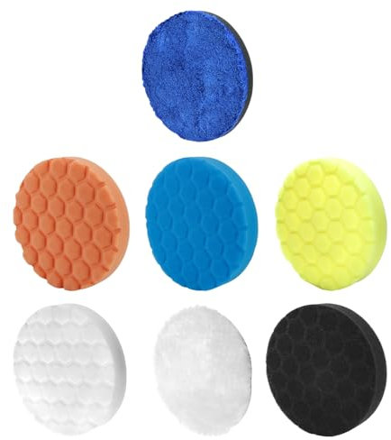 QWORK® 7-TLG Polierpad Wachs Schwämme 150mm für Auto Exzenter Poliermaschinen - 5 Waben Schwammpads & 2 Mikrofaserpads - Waschbare und Wiederverwendbare