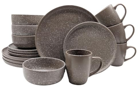 HOMD 16-Pieces Stoneware Dinnerware Set, Dinner Set, Kitchen Dinnerware Ceramic Crockery Set, Dinner Service Set for 4, Include Dinner Plate, Dessert Plate, Cereal Bowl and Mug (Grey)