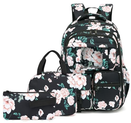 Kouxunt Floral School Backpack for Teens Girls, 3PCS Refrigerator Door Backpacks with Insulated Lunch Box Pencil Bag for Kids Women Students