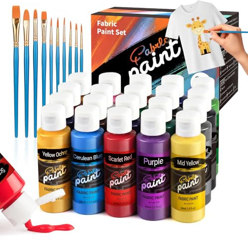 Sudale Fabric Paint Permanent For Clothes - 20 Vibrant Colours Textile Paints Set [60ml/2oz] With 10 brushes| Wash-Resistant For T-Shirts, Jeans, Bags, Shoes & DIY Crafts,Great Coverage Capacity