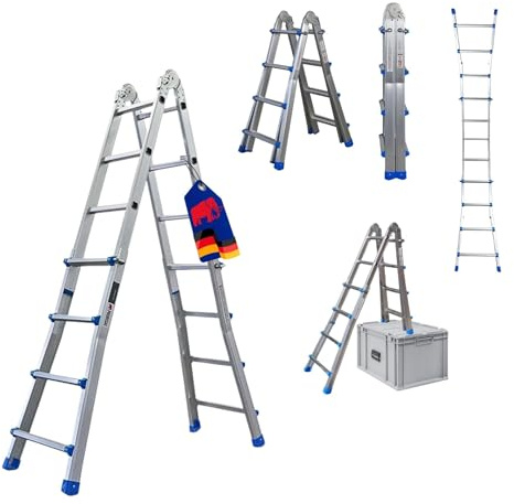 PROREGAL Sprossen-Mehrzweckleiter Apollo 3-in-1 Aluminiumleiter 4x4 Sprossen bis zu 4m Höhe Traglast 150kg Silber Treppenleiter Multifunktionsleiter Klappleiter Teleskopleiter Stehleiter Anlegeleiter