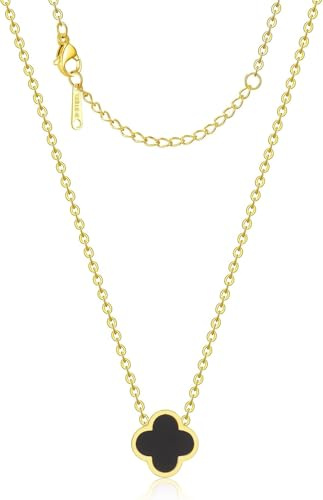 Vierblättriges Kleeblatt halsketten Damen,lucky clover necklace pendant,Hypoallergenes Halsketten 18K vergoldet,Vierblättriges Kleeblatt Schmuckset aus edelstahl,Perfekt für Schmuckgeschenke（schwarz）