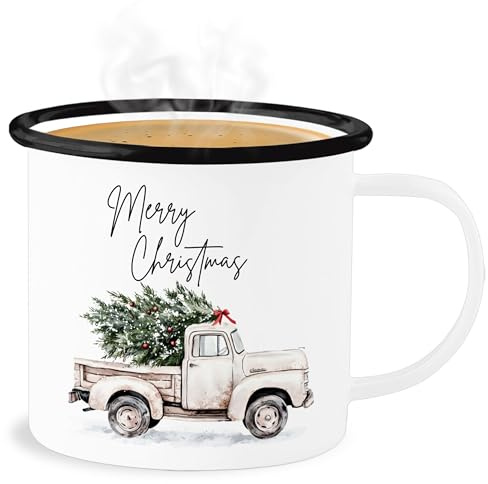 Emaille Becher Blechbecher - Weihnachtstasse Tasse - Motiv Merry Christmas Truck Geschenke Weihnachtsmotiv Geschenk Weihnachten I Winter Geschenk Weihnachtszeit I Wintermotiv I Xmas - 300 ml - Weiß