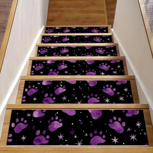 Stufenmatten für Holzstufen, violette Hundepfoten, 15 Stück, 20,3 x 76,2 cm, rutschfeste Teppich-Treppenstufen, waschbar, Treppenläufer, Treppenstufen, Stufenmatten für Kinder, ältere Hunde