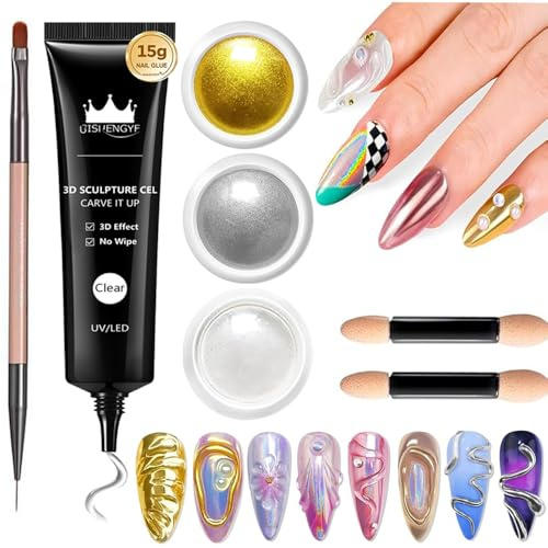 BISHENGYF 3D Gel Nagel Set mit Rosen-Gold Chrom & Perlmutt Pulver - 4-in-1 Modelliergel für langanhaltende French Nails, inklusive Formen und Werkzeug für DIY und Salon