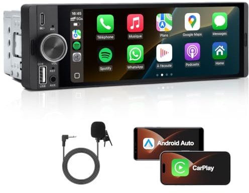 Bluetooth Autoradio 1 DIN, 6,36 CarPlay Voiture & Android Auto sans Fil | Poste Radio avec Appels Main Libre, Écran Tactile, Navigation GPS, Contrôle Vocal, AUX/FM, MirrorLink, EQ, Charge Rapide