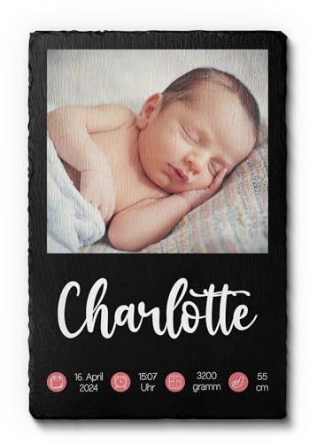 Individuelle Schiefertafel mit Foto - Baby Geschenke zur Geburt - Deko Kinderzimmer Mädchen & Junge - Geschenkidee Taufe - Geschenkidee Geburtstag - Schieferplatte mit Deinem Bild bedrucken