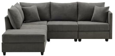 vutizal Modulares Ecksofa 5-Sitzer, L-förmig & U-förmig verstellbar mit Hocker, große Wohnlandschaft, Federkern, Bezug aus Baumwolle-Leinen – Farbe: Grey