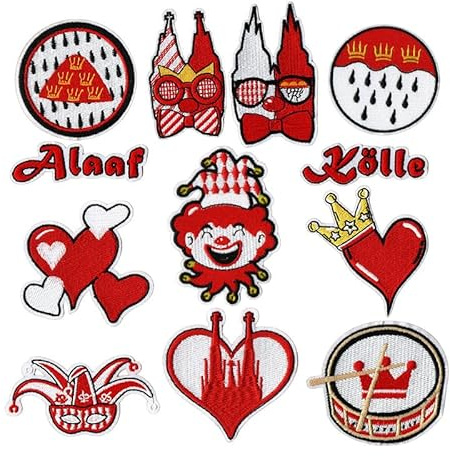 Aeonda 12 Stück Köln Bügelbilder Aufbügeln, Rot Weiß Patches Flicken Aufnäher für Karneval Fasching, Kölle Alaaf Bügelaufkleber, Perfekte Accessoires für Köln Karneval Kostüm Dekoration