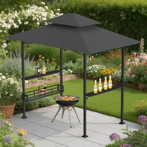 Peviasot Gazebo per Barbecue Impermeabile, con 2 ripiani laterali, cesto in metallo, ganci e cavatappi, tetto a doppio strato, gazebo da giardino per barbecue, UV-protetto, 238x148x250 cm, grigio