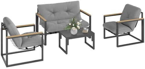 Outsunny Gartenmöbel Set Lounge Wetterfest 4 Personen 2er Sofa Hellgrau | Balkonmöbel-Set, Sessel, Sitzkissen, Beistelltisch, Outdoor Sitzgruppe, Terrassenmöbel, Gartenlounge, für Balkon Garten