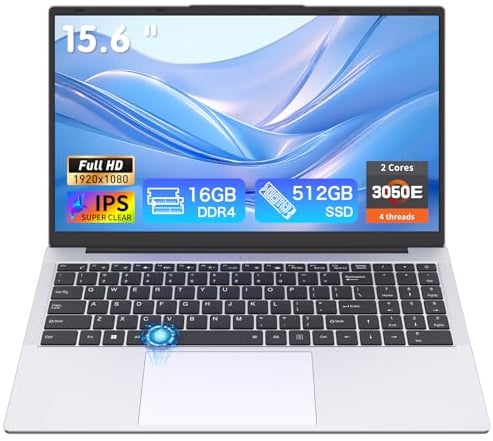 Auusda 16GB RAM 512GB SSD Laptop, Compatible with Win11, 15.6 Full HD IPS, Backlit Keyboard & Fingerprint Login, Full-Function USB C, 6000mAh, Lightweight Design for School & Work (Silver)