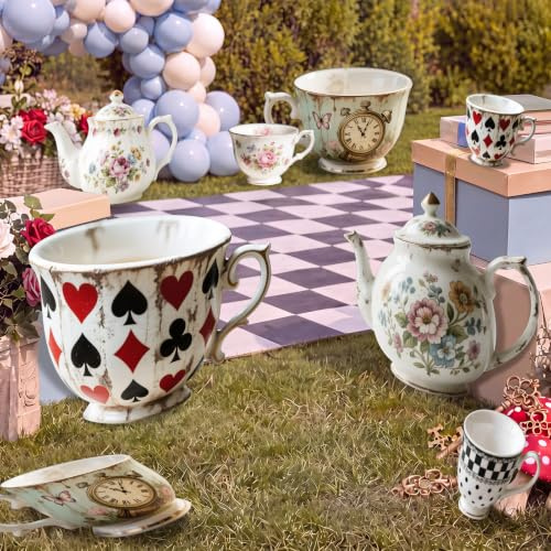 Soulchen 18 Pcs Large PVC Wonderland Tea Party Decoration Giant Waterproof Outdoor Wonderland Teapot Banner Decoration Backdrop for Halloween Birthday Baby Shower Party Supplies
