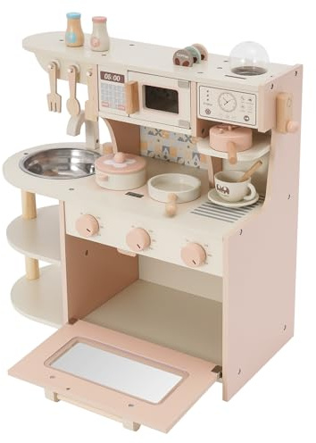Holz-Spielküche Kleinkinder Spielküche 47.5x23.5x54cm Kinder Küchenset Simulierte Schalter Mit Kaffeemaschine Herd Mikrowelle Spüle Abgerundete Kanten Ideal Für Rollenspiele Ab 3 Jahren