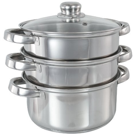 Buckingham 3 Tier Premier Steamer Set with Glass Lid Polished Mirror Finish Stainless Steel Ideal for Steamer Cooking Induction Compatible, Silver