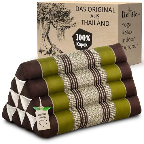 livasia Rückenstützkissen mit Muster - 30x50x30cm - Dreieckskissen für den Garten, Keilkissen mit Kapok, vegan und handgefertigt, Meditationskissen (Braun/Grün)