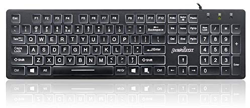 Perixx PERIBOARD-317 USB-Tastatur mit kabelgebunden, beleuchtet, Big Print Letter mit weiß beleuchteter LED, US-Layout, Schwarz