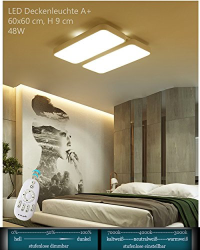 Euroton 8019 Viereckig, 60x60 cm LED Deckenleuchte mit Fernbedienung Lichtfarbe/ Helligkeit einstellbar Acryl-Schirm weiß lackierter Metallrahmen modernes Design Energieeffizienzklasse: A+