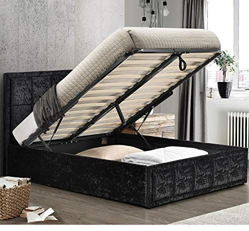 Velvet Ottoman Storage Bed, Happy Beds Hannover Black Crushed Velvet Fabric Modern Bed - 4ft6 Double (135 x 190 cm) Frame Only