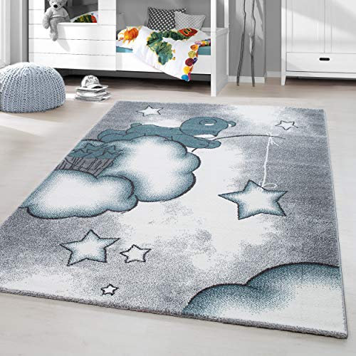 HomebyHome Kinderteppich Blau 120x170 cm - Niedliches Bärenmuster für Kleiner Jungen Zimmer - Kurzflor Extra Weich Antiallergen für Babyzimmer