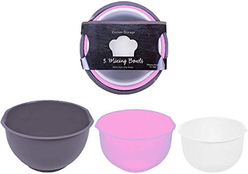 Mixing Bowl Set of 3 Bowls for Baking, Cooking Small and Big Kitchen Bowl Non-Slip Bottom- 2.5l 2l & 1.5l Pink Grey & White Baking Bowl Set