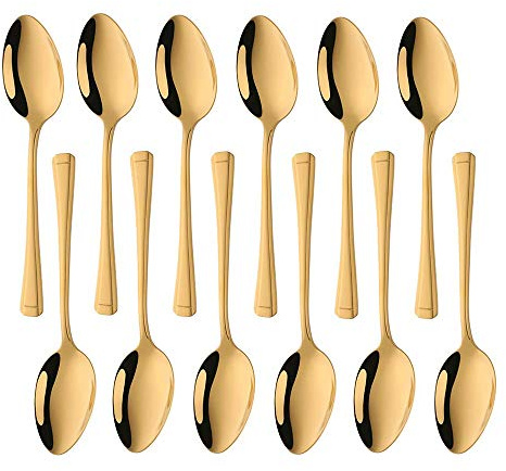 Meisha Dessert Spoons Set of 12, Gold Harley Pattern Stainless Steel Small Spoons, Mirror Finish & Smooth Edge - Everyday Parish Cutlery