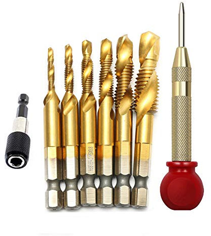 Spiral Tap Drill Bit Set, 6pcs Titanium Coated HSS Fluted Machine Screw Tap Kit, Hex Shank Combination Drill Tap Bit Spiral Screw Tap Set M3-M10 With Automatic Spring Loaded Center Punch Tool