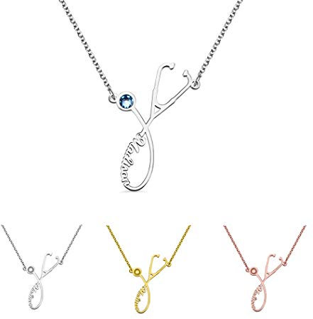 Stethoskop Lariat Halskette 925 Sterling Silber mit Name Unendlichkeit Halskette mit Stethoskop-Anhänger mit Geburtsstein für Damen Geschenk für Frauen Arzt Krankenschwester