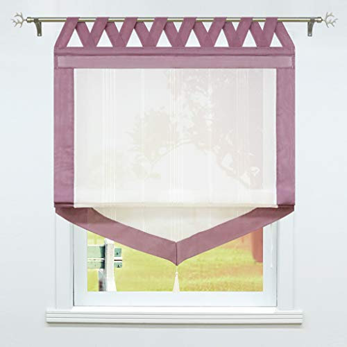 SCHOAL Raffrollo mit Schlaufen Gardinen Küche Landhaus Raffgardinen Leinen Schlaufenrollo Halbtransparent Vorhang 1 Stück BxH 60x140cm Violett