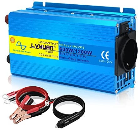 Cantonape 600W Reiner Sinus wechselrichter 12v auf 230v 600W stromwandler Auto wechselrichter, Inverter, mit 2 USB Ports, Zigarettenanzünder Stecker Autobatterieclips