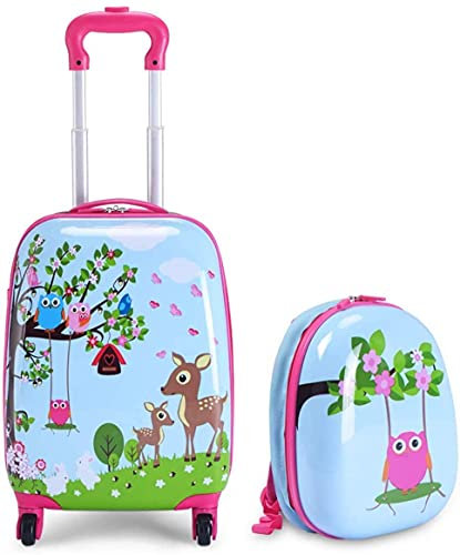 RELAX4LIFE Set de Valise Enfant à roulettes 16 et Sac à Dos 12 en ABS, Bagage Trolley Enfant pour Voyage, École, Jardin d’Enfant, Éléphant Coloré/Poulain Rose/Zoo Bleu (Forêt Bleu)
