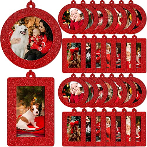 30 Pieces Christmas Photo Frames Ornaments Christmas Hanging Picture Frames Mini Photo Frame Ornaments Small Glitter Felt Picture Frames Insert for Xmas Tree Home Decoration (Classic Style)