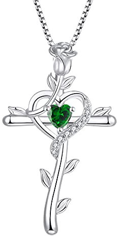 starchenie Kreuz Halskette Damen 925 Sterling Silber Herz Grüner Zirkonia Rose Kruzifix Anhänger Schmuck Geschenke für Frauen Mama Freundin