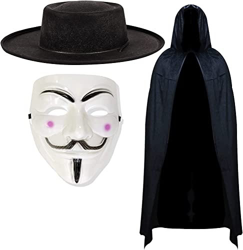 Dreamzfit - Vendetta-Maske, Kapuzenumhang und Hut-Kostüm-Set