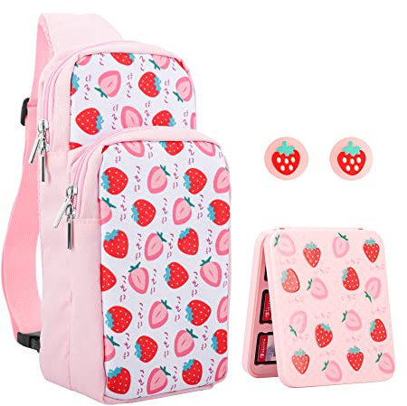 RHOTALL Niedliche Erdbeer-Umhängetasche, kompatibel mit Nintendo Switch/Switch OLED/Switch Lite/Switch 2, hohe Kapazität Reiserucksack für Switch Zubehör mit Spielkartenetui und 2 Daumenkappen