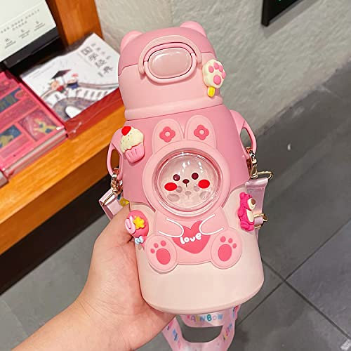 TIAASTAP Kawaii Water Bottle with Straw & Strap, Cute Stainless Steel Water Bottles, Aesthetic Insulated Water Bottle With 3D Stickers for Girls Boys Women Toddler Childrens Kids (Pink Bunny)