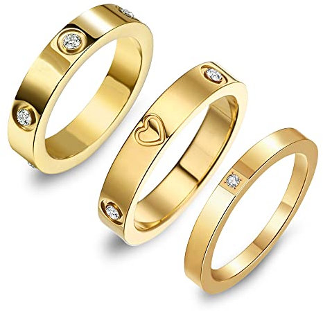 CHUQIU 3PCS Love Friendship Ring Gold Ring Sets for Women Stainless Steel Wedding Statement Thumb Ring 18K Gold Silver Rose Plated Cubic Zirconia Rings Jewelry Gifts for Her, Stainless Steel, Cubic