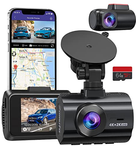 Dashcam Auto Vorne Hinten 4K/2K Mit GPS WiFi Dash Cam Auto Dashboard Recorder mit 2 IPS Autokamera mit 64GB SD-Karte, Nachtsicht-Loop-Aufnahme 170 ° Weitwinkel WDR, unterstützt Max 256 GB