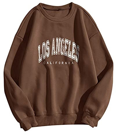 HZMM Casual LOS ANGELES Sweatshirt Printed Crewneck Cotton Long Sleeve Tops Ladies Sweatshirt Club Basic Tee Shirt Casual Jumper Tops fit Teenage Girl Brown, S