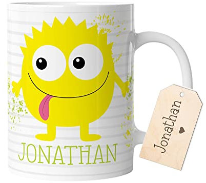 timalo® Coole Kindertasse lustige Monster mit Namen bedruckt | Personalisierte Tasse mit Wunschname für Kinder Geschenktasse | Jungen Geschenk gelb | mug-mo-07