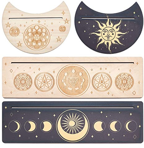 GORGECRAFT 4 Stück Holz Tarotkartenständer Halter Mond Sonne Chakren Muster Tarotkarte Schwarzer Altarständer Rechteckige Mondform Tarotkartenständer Für Hexenweisheiten Zeremonielles Zubehör
